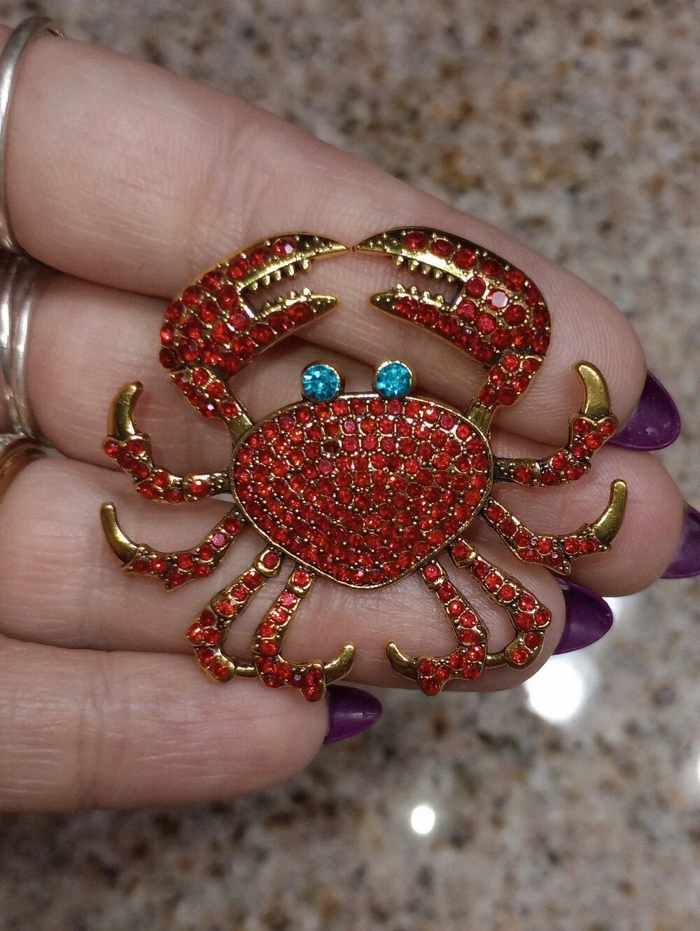 Red Crystal Gold Tone Crab Brooch